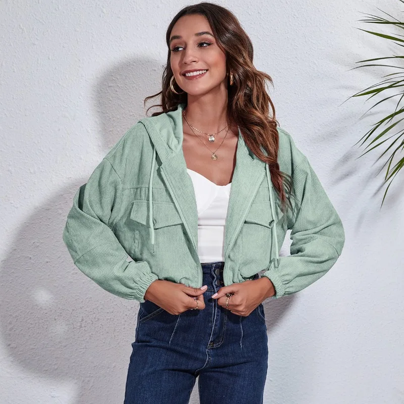 Autumn New Women's Corduroy Hooded Coat Lantern Long Sleeve Lapel Women's Jacket Elegant Zipper Casual Short Jacket