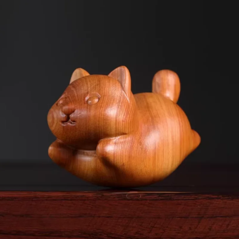 Cute Wooden Cat Figurine Kawaii Sleeping Kitty Desk Toy Natural Wood Cat Lover Gift Home Office Decor