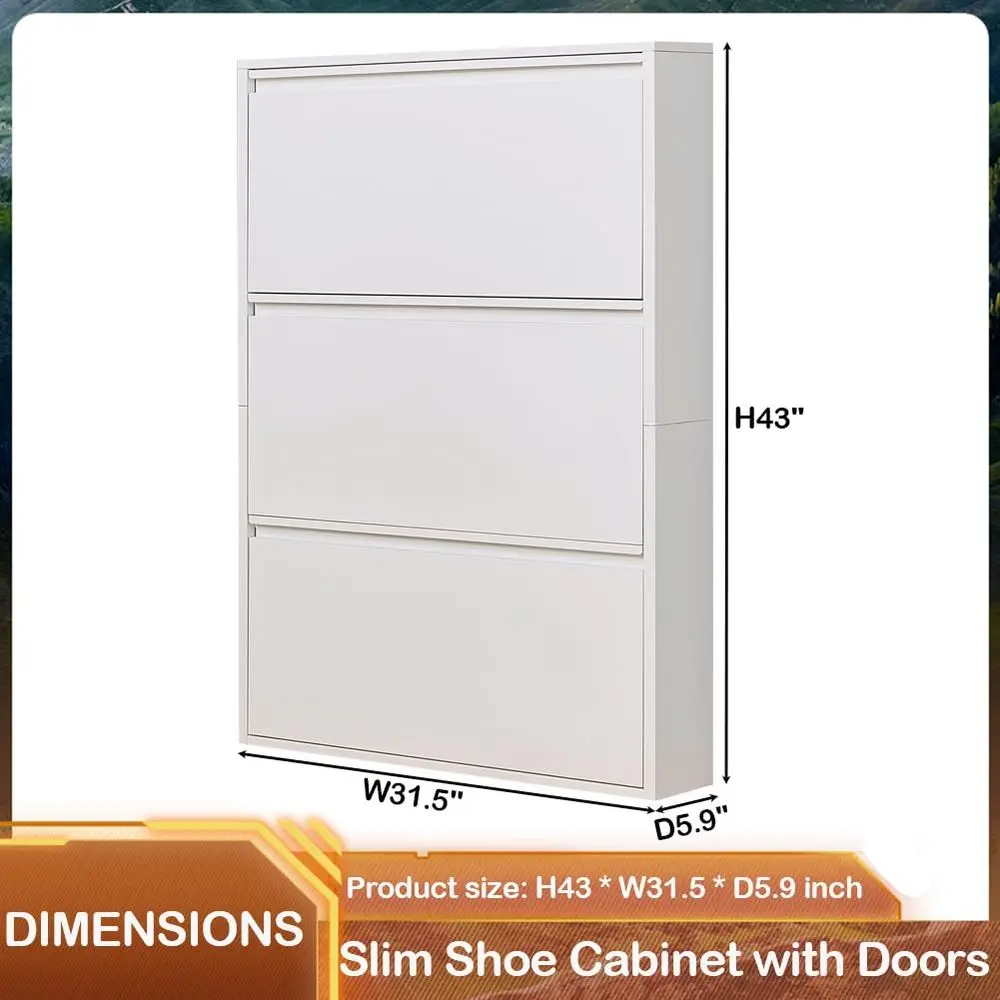 

Storage Cabinet with 3 Flip Drawers, Hidden Slim Narrow Shoe Rack Cabinet, Wall Mount Metal Shoe Cabinet for Entryway, White
