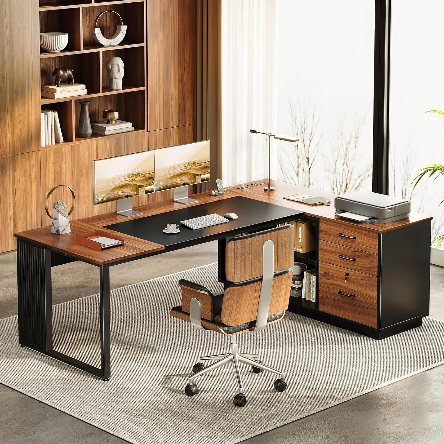 L Shaped Desk with Drawers & File Cabinet, Corner Computer Workstation with Outlets, 71 Inch Walnut & Black, Customized
