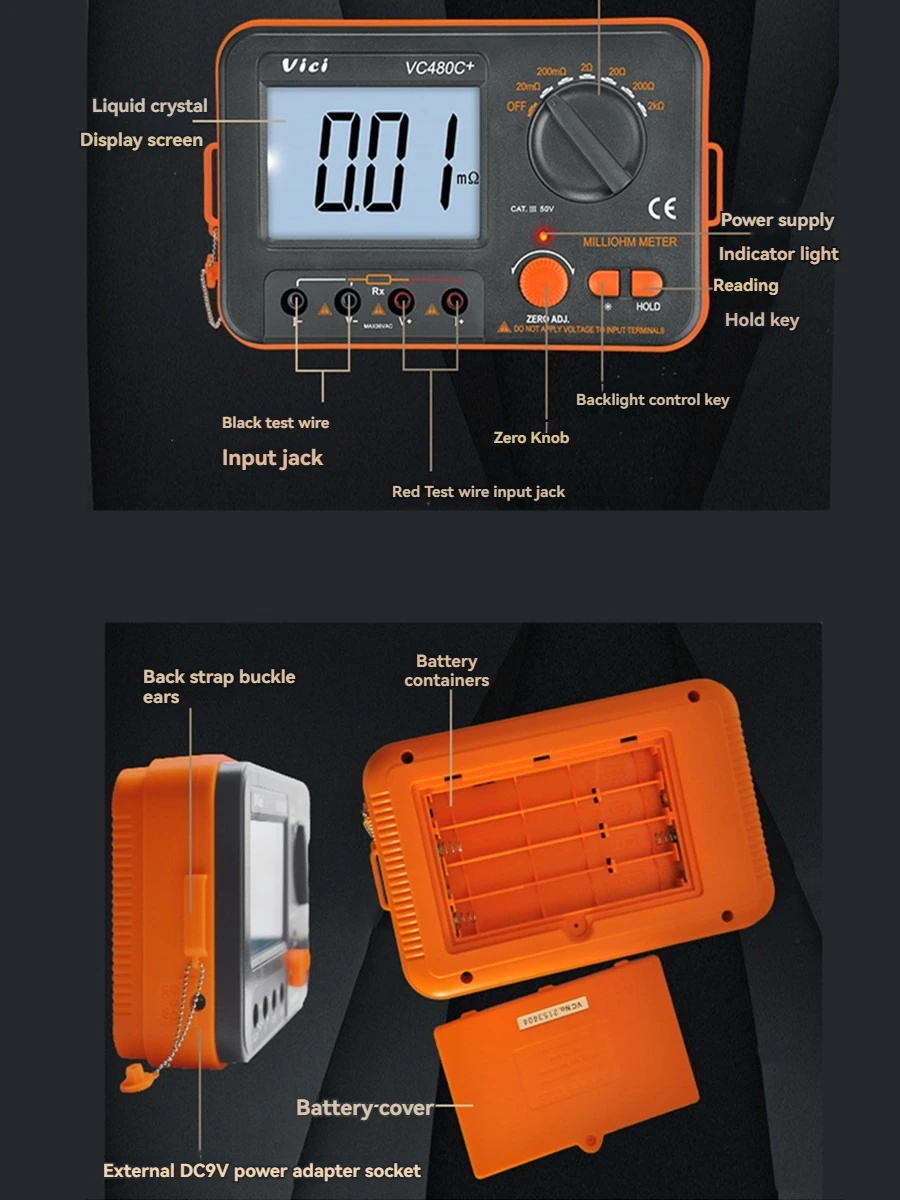 VC480C+ Digital Milliohmmeter DC Low Resistance Tester Microohmmeter 0.01mΩ~2kΩ Detectable Resistance Transformer Circuit Board