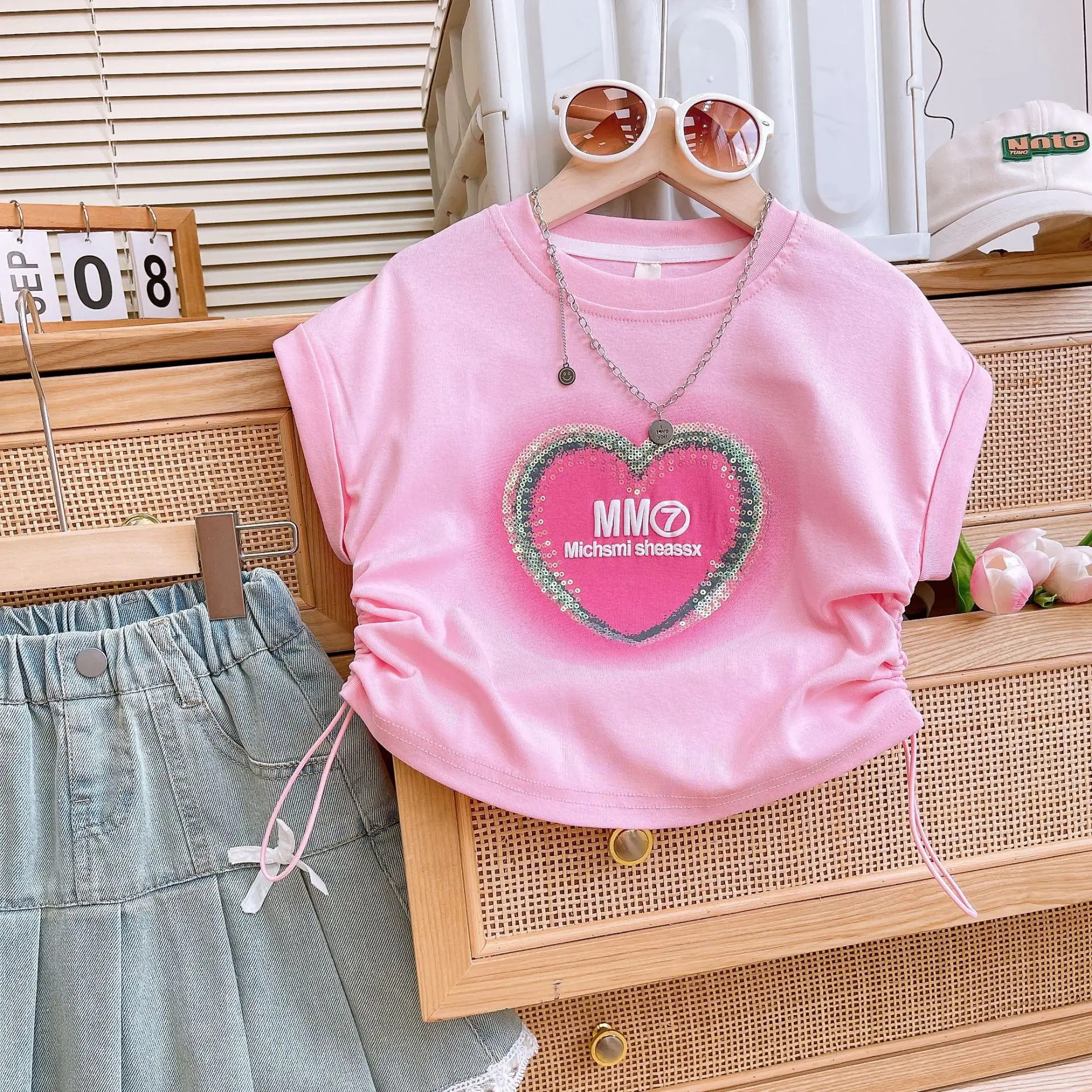 Girls' Summer New Clothing Set Fashion Sequin Love Casual Short Sleeved Top+lace Denim Skirt  Children Clothes Suit