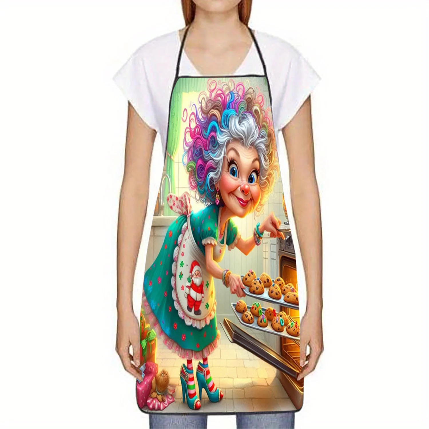 Funny Grandma Baking Apron, Colorful Curly Hair Cartoon Kitchen Bib, Cute Baker Gift for Women Mom Cooking Party Home Decor