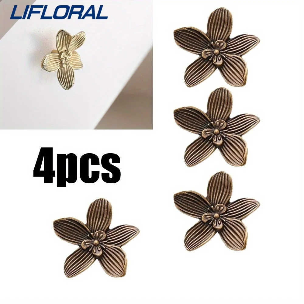 

4pcs Gold Knobs for Dresser, Drawers and Cabinet, Unique Flower Brass Knobs and Pulls