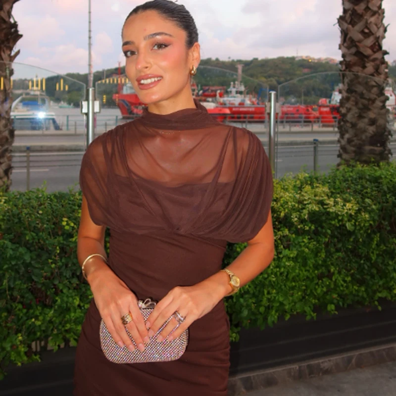 HXAO メッシュロングドレス女性のためのノースリーブボディコンエレガントなパーティードレス夏シャーリングチュールミディドレスレディースイブニングドレス