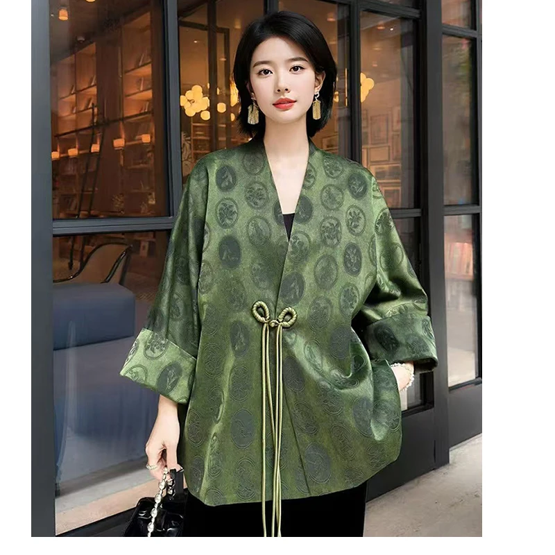 Spring and Autumn New Chinese style V-neck Handmade Single Button Silk Jacquard Loose and Elegant  Women's Coat S-XL