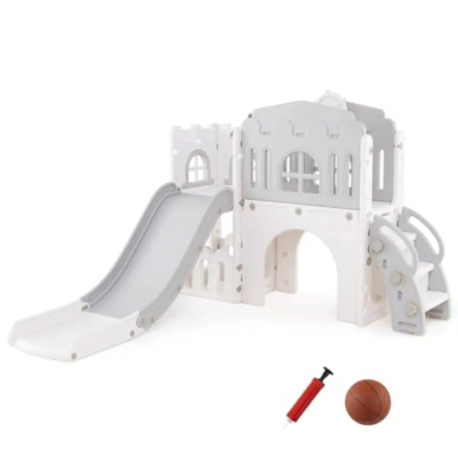 

9 in 1 Toddler Slide Playset with Basketball Hoop Telescope Steering Wheel Aisle Tunnel Storage Space Indoor Playground for Age