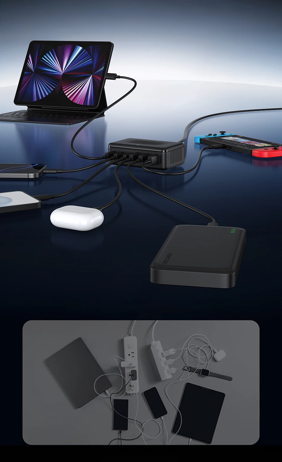 Rocoren USB-Ladegerät 100 W GaN-Ladegerät 6-Ports Desktop-Schnellladung Typ-C-Ladegerät Tragbares Kraftwerk für iPhone Xiaomi POCO – Detail 9