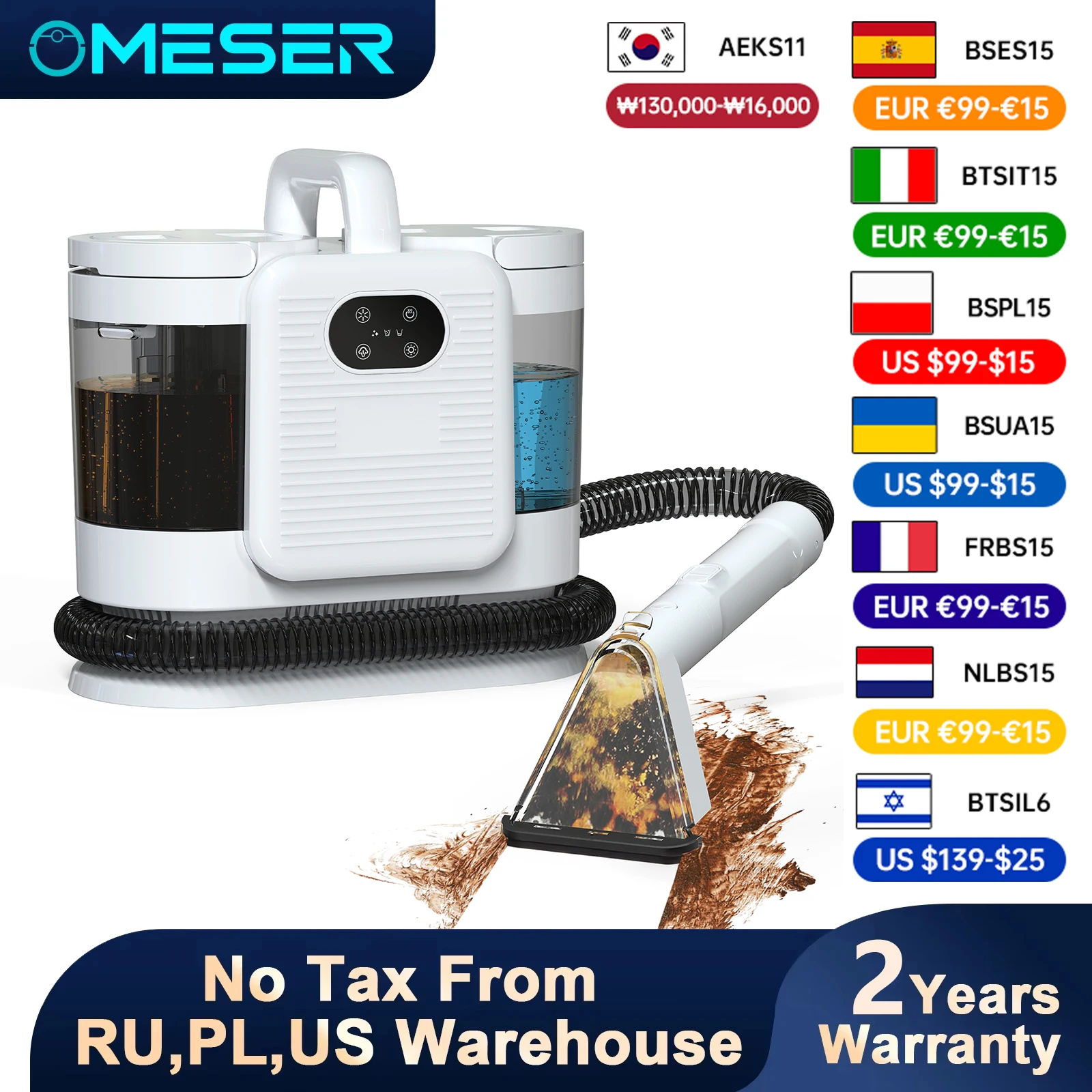 OMESER 1650W Pulitore per tappeti a vapore Aspirazione 15KPa per la casa Auto Pulizia profonda ad alta pressione per tappeti Divano Auto Tappezzeria Pavimenti