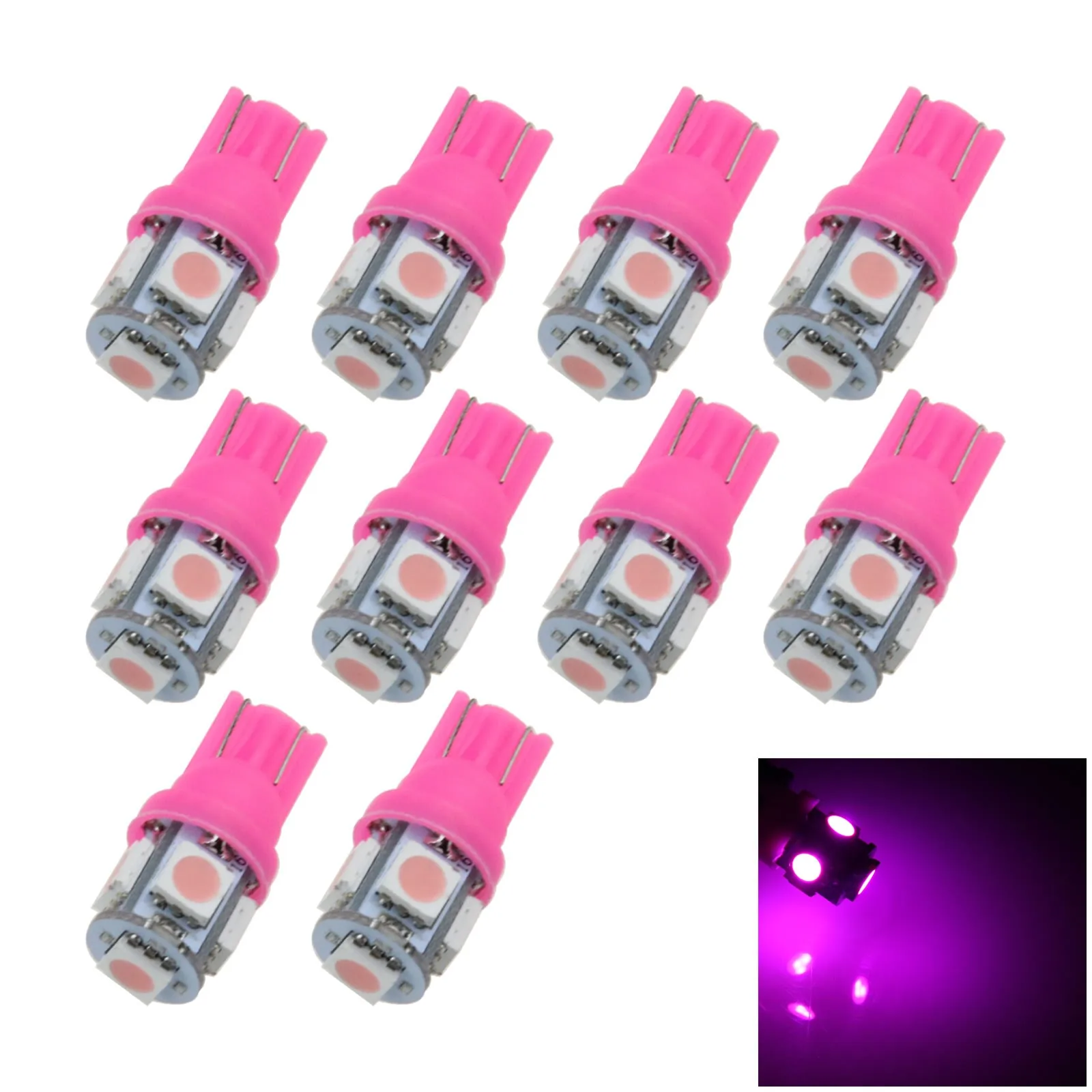 10x Pink Auto T10 W5W Wedge Light Parking Bulb 5 Emitters 5050 SMD LED 194 259 2525 A007-P