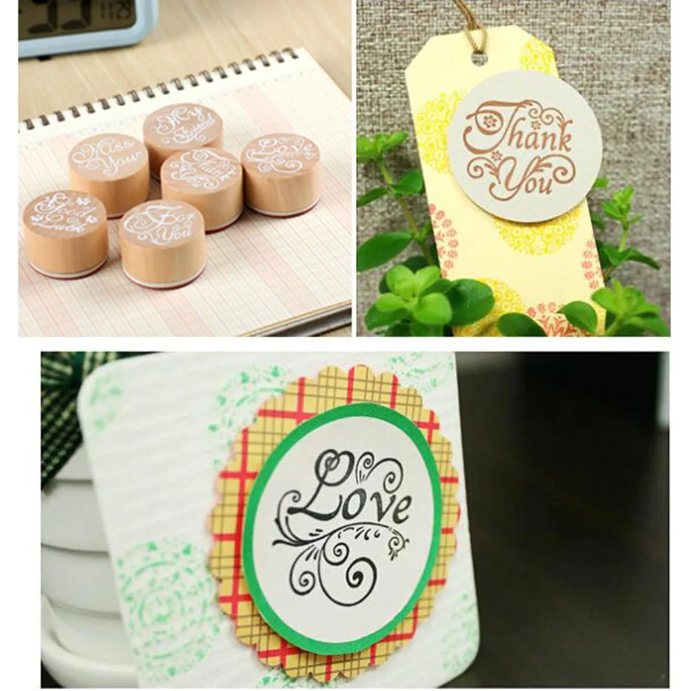 

6pcs Wooden Diary Stamps 3x3x2 5cm Natural Wood Notebook Stamp Set Rubber DIY Cards Letter Craft Storage Tools