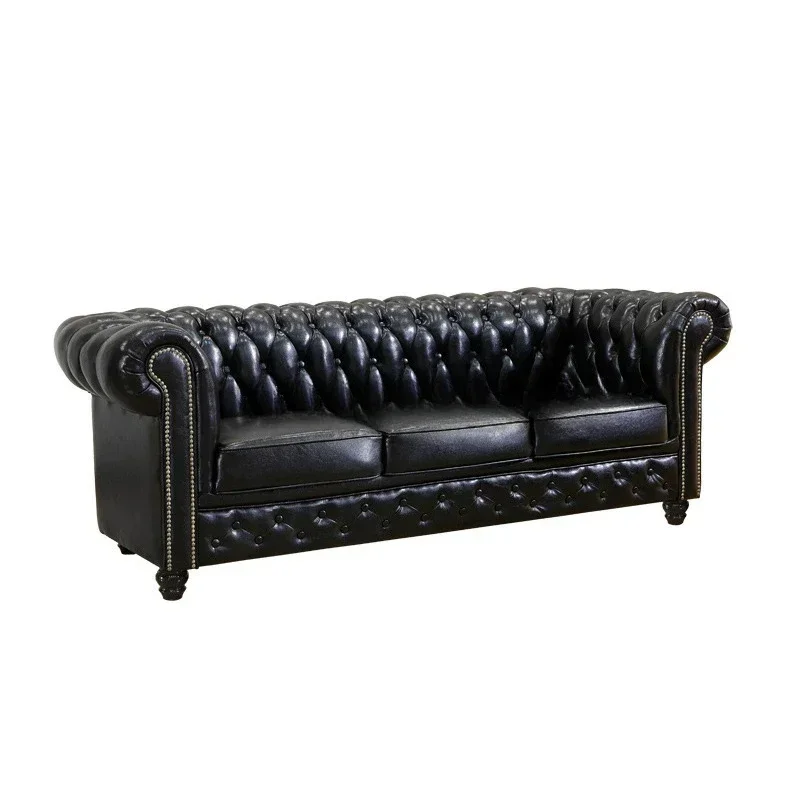 American hotel lobby furniture vintage black tufted sofa genuine leather sofa couch luxury living room chesterfield sofa 3 seat