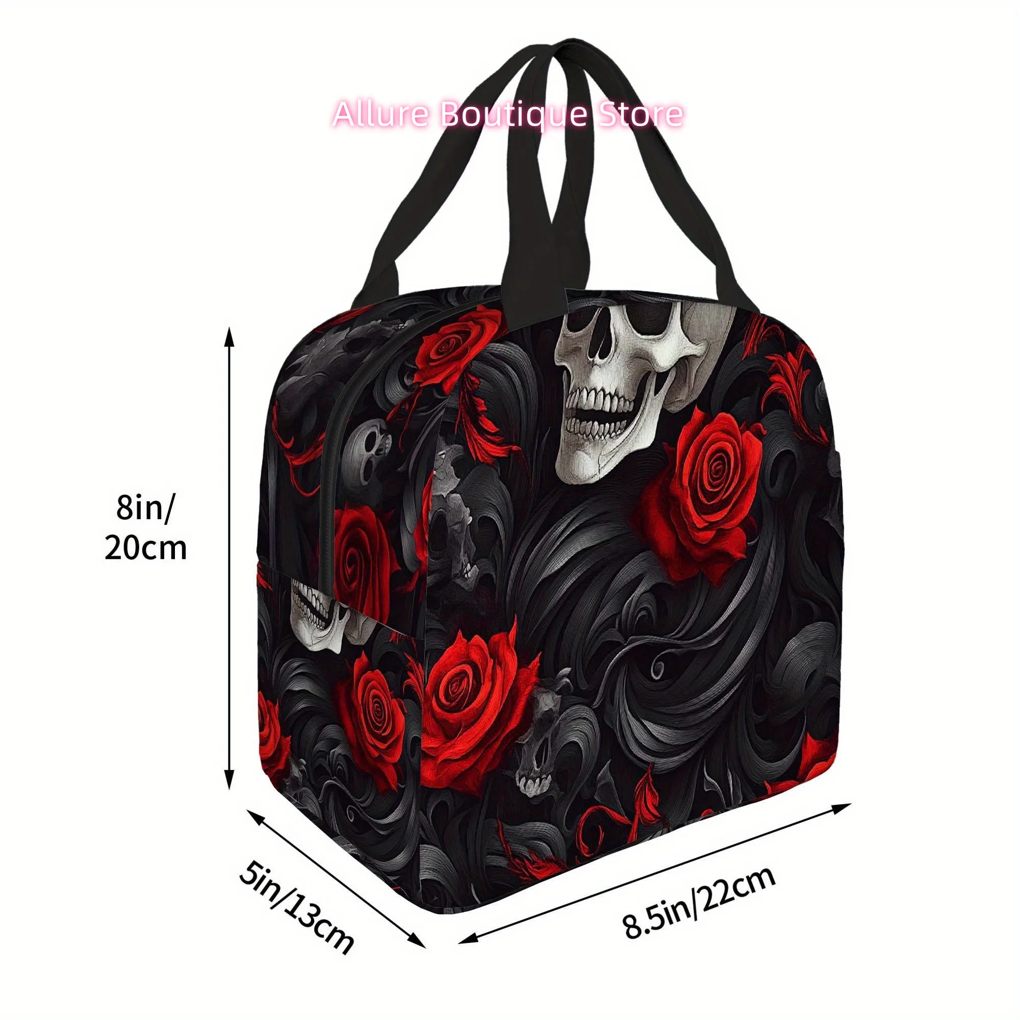 1pc, Skulls, Roses Dark Gothic Art Printed Thermal Bag Insulated Lunch Tote for Home Restaurant Office Unisex Portable Reusable