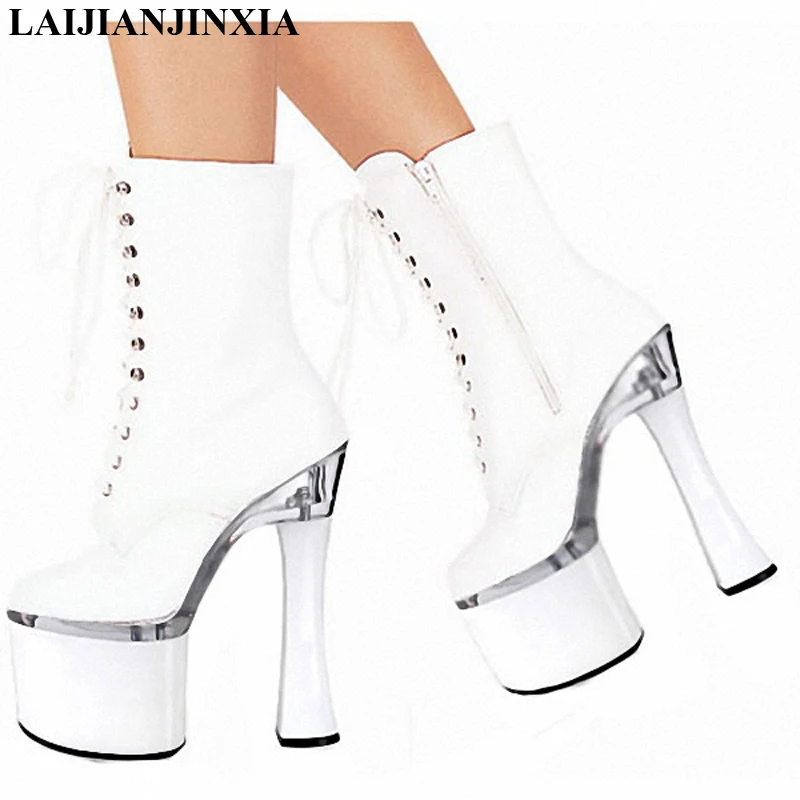 

Короткие сапоги Hentian на толстой подошве со шнуровкой, женская обувь для танцев на пилоне 20 см, модели прогулок, пикантные ботинки для ночного клуба на очень высоком каблуке