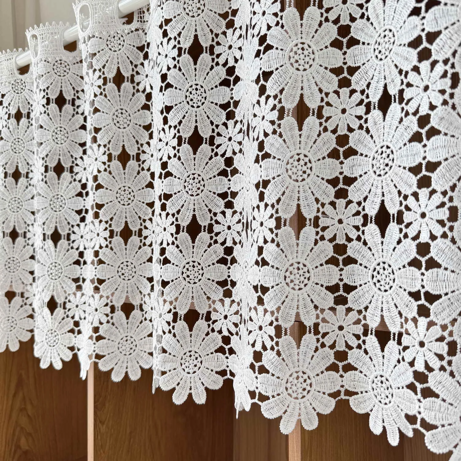 White Romantic Floral Lace Curtain Water-soluble Crochet Window Treatment for Kitchen Cabinet Vintage Light Filtering Home Decor