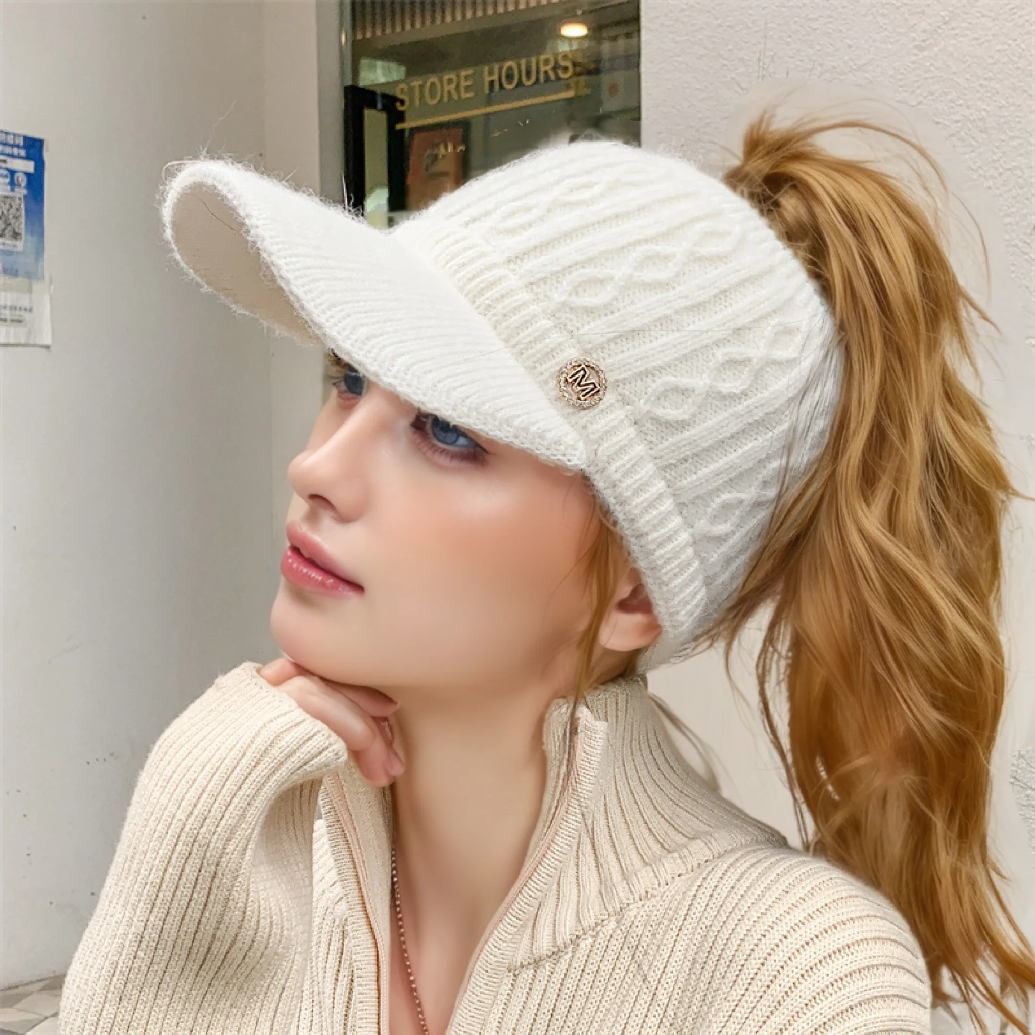 Winter Knitted Hat for Women with Earflaps Ponytail Hole Warm Baseball Cap Outdoor Sport Windproof Visor Hat 2026 Fashion