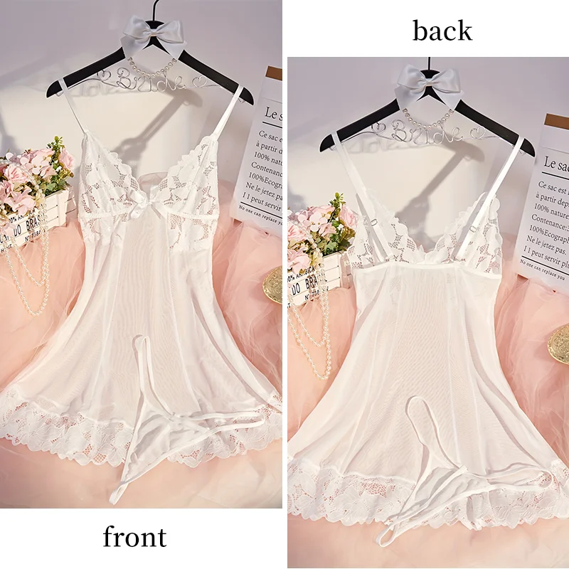 Summer Women\'s Lace Flower Bow Sleeveless Suspender Backless Sexy See Through Mesh Suspender Women\'s Dress Pajamas