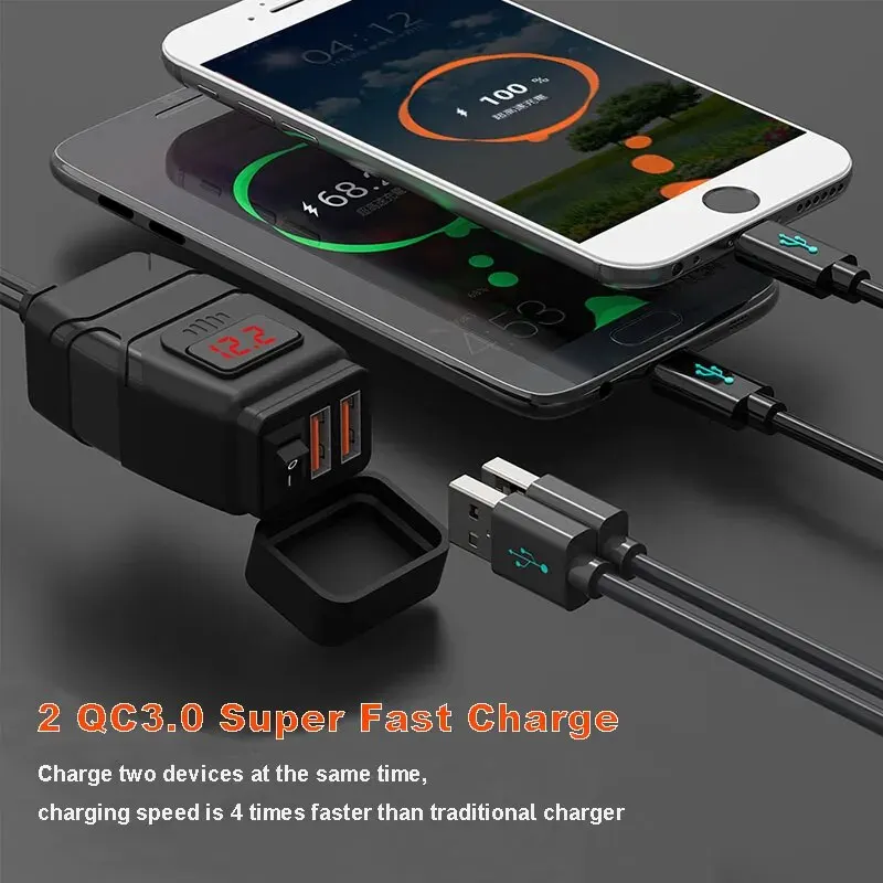 

Универсальное мотоциклетное Зарядное устройство USB QC3.0 на руль, быстрая зарядка, водонепроницаемый адаптер 12 В с вольтметром, мотоциклетные инструменты