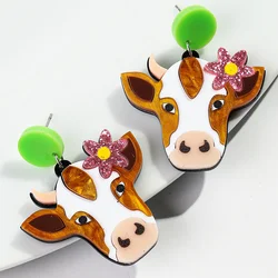 Cute Flower Cattle Splicing Acrylic Earrings for Women New Lovely Cartoon Cow Animal Drop Earring Fashion Jewelry Christmas Gift