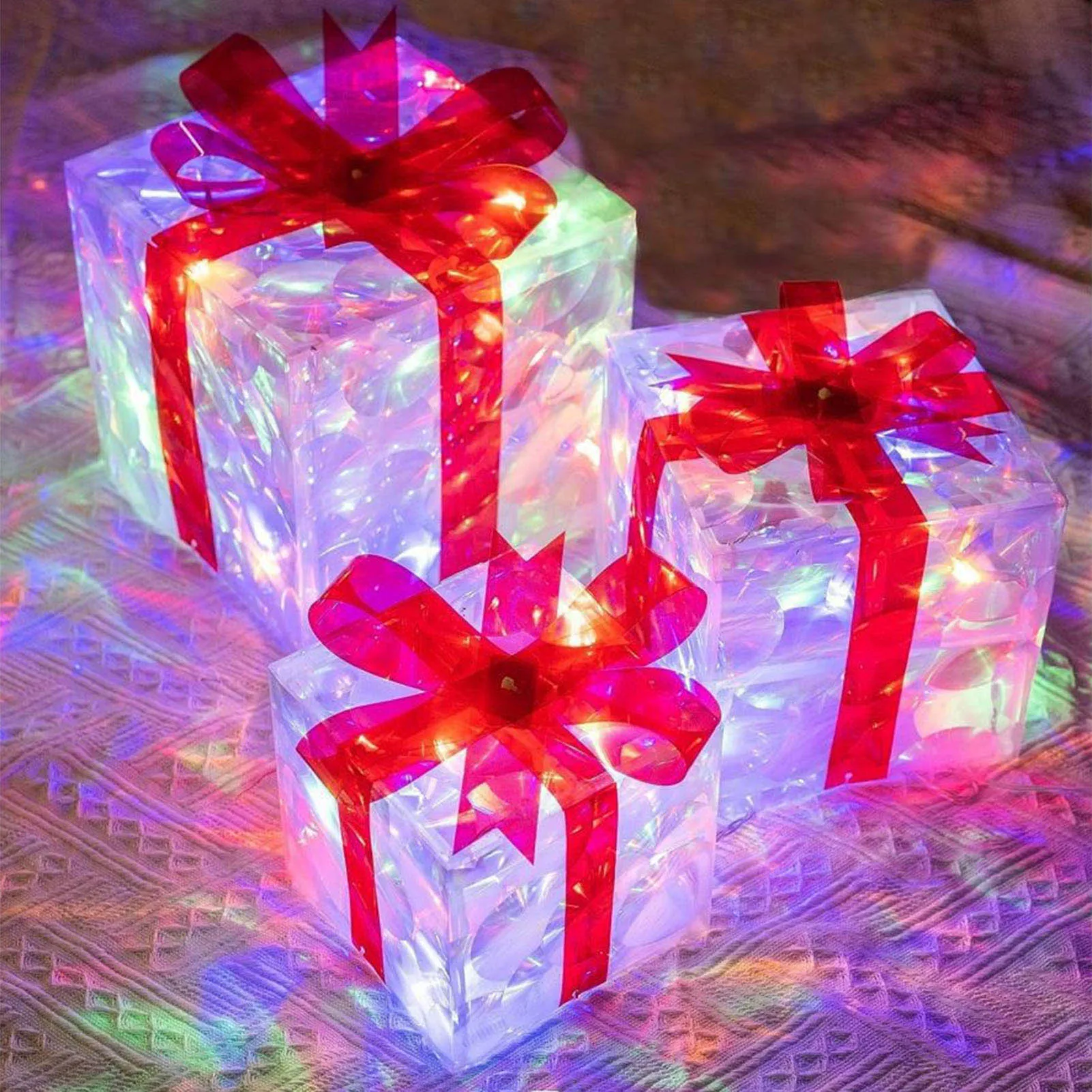 

Christmas Glowing Gift Box Ornaments Foldable Batteries Powered Ornament for Xmas Tree Party Holiday Pathway Decor