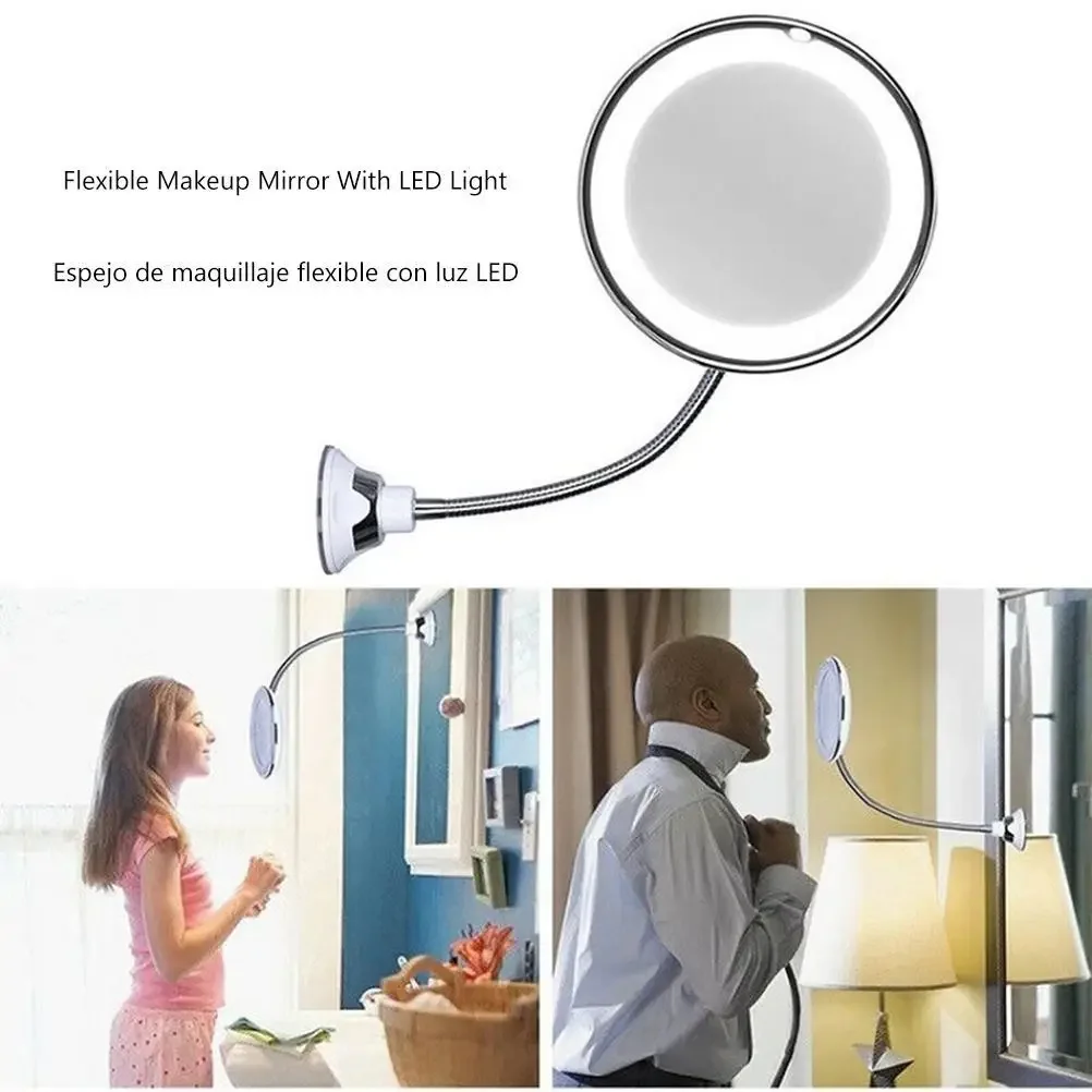 Miroir de maquillage Flexible à col de cygne avec lumière LED, miroir grossissant 10X, ventouse, lumière diffuse brillante et pivotant à 360 degrés