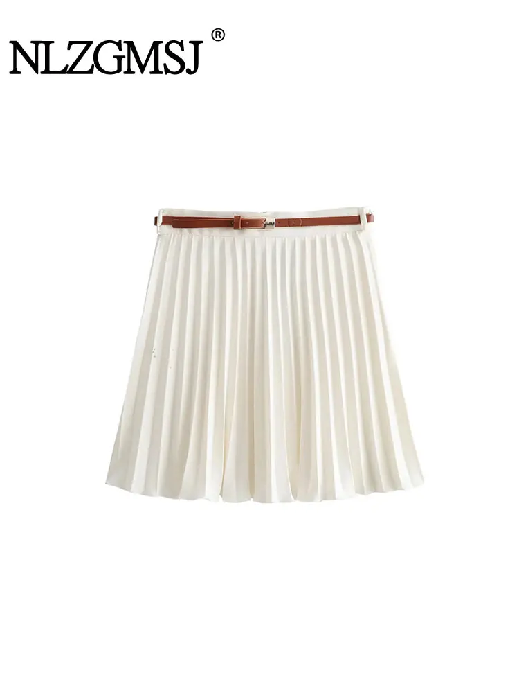 TRAF 2024 Mini Pleated Skirt For Women Fashion Belt High Waist Solid Casual Versatile A-line Skirts Female New Short Skirt