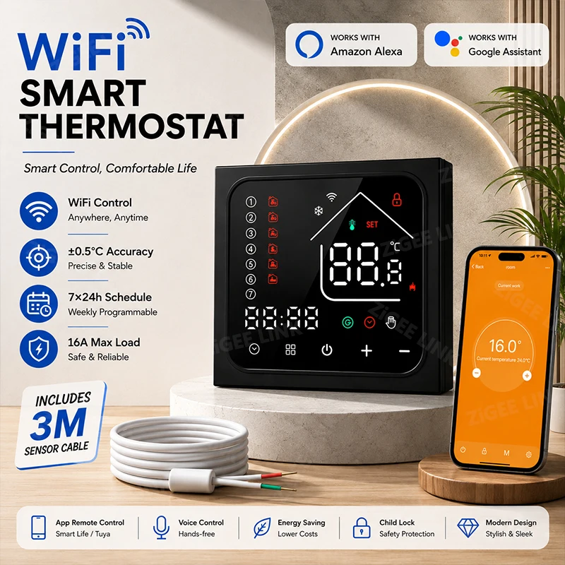 WiFi Smart Heating Thermostat 16A Max Load Weekly Schedule Child Lock Home Automation Work With Tuya Smart Life Alexa Google