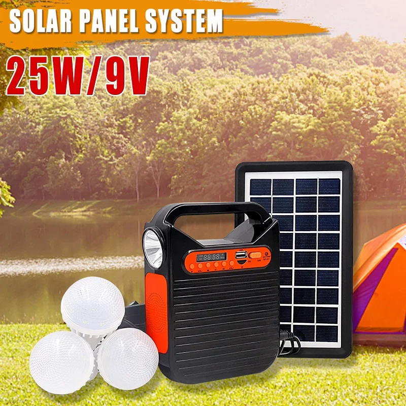 Imagem -02 - Painel Solar Recarregável Portátil Sistema Gerador de Armazenamento de Energia Carregador Usb com Rádio fm Lâmpadas Led para Exterior 25w