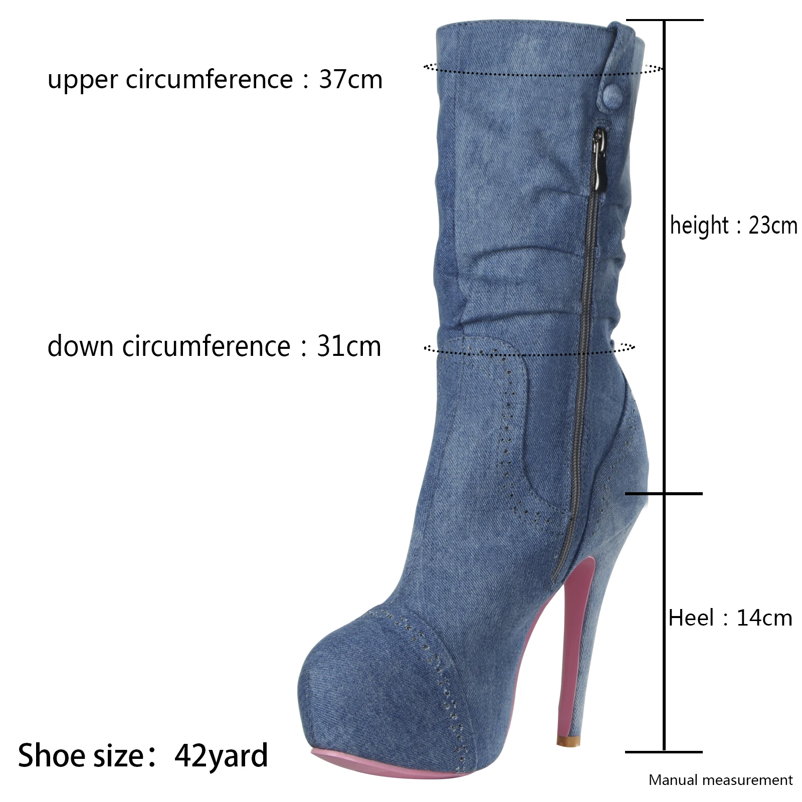 2024 Women Platform Boots Fashion Denim Thin High Heel Women\'s Mid Calf Boots With Side Zip Girl Shoes