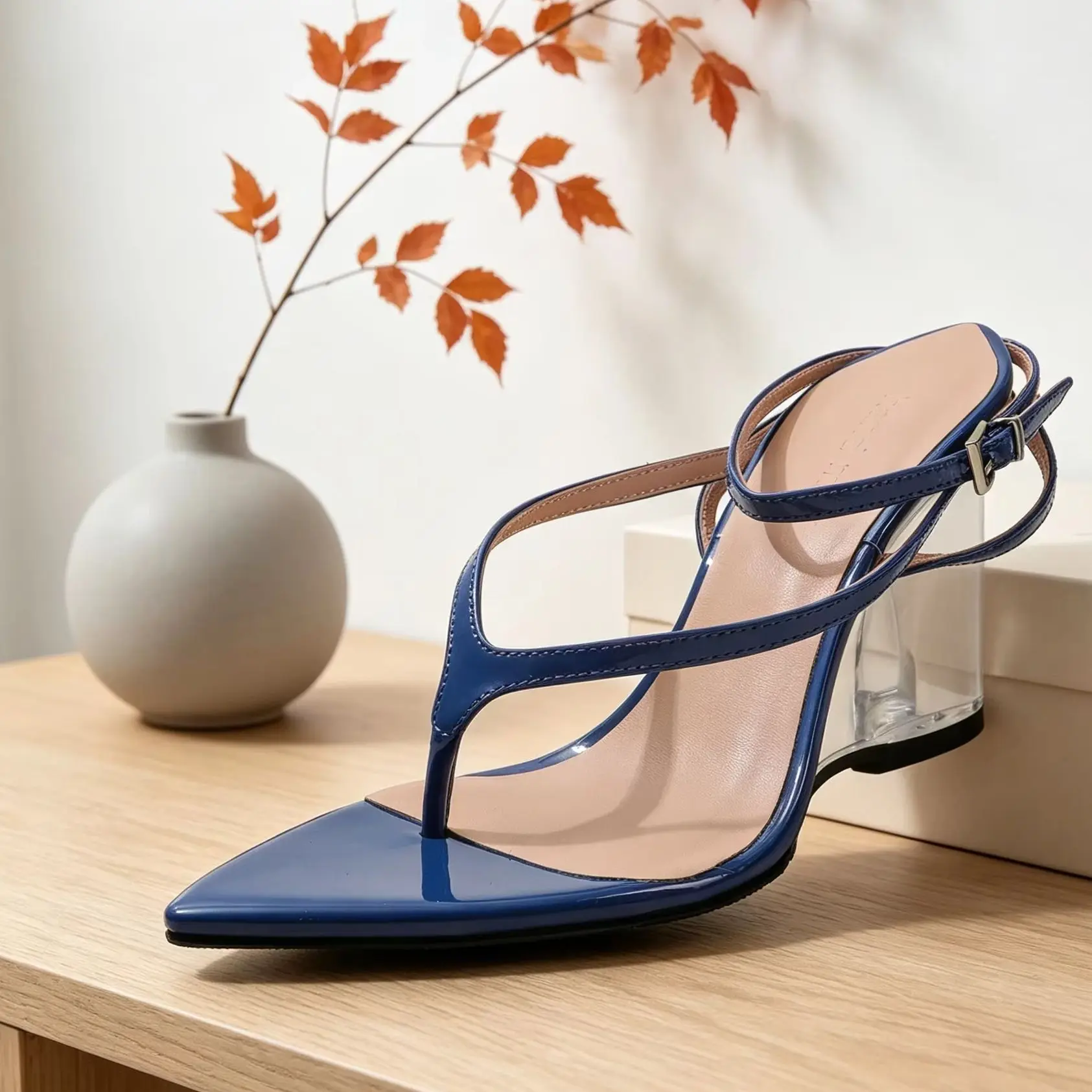 Women's Blue Patent Leather Thong Slingback Pointed Block Heel Sandals Modern Chic Ladies Dating Party Single Heels Pumps Shoes