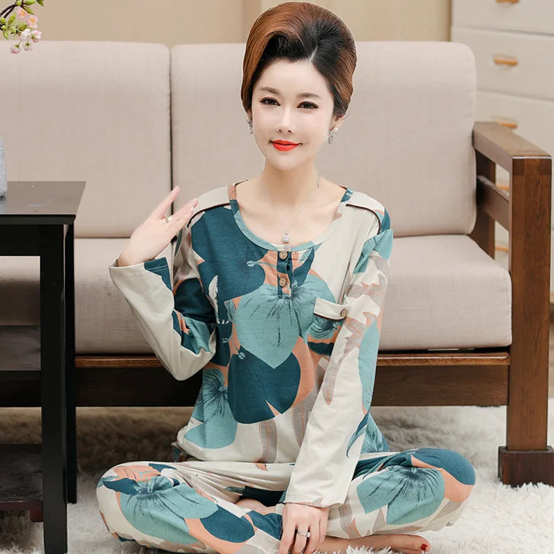 2Pcs/set Cotton Women's Pajamas Long Sleeve Trousers Sets Warm Sleepwear For Winter Printing Middle Aged Mother Pajamas M-4XL