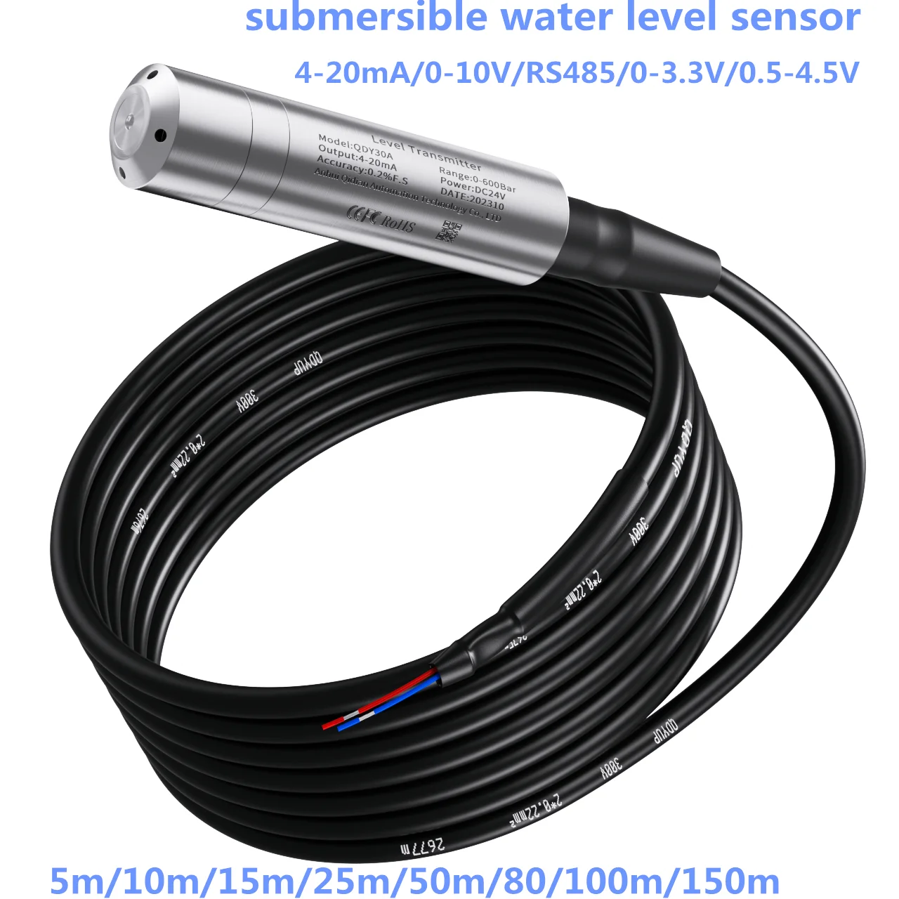 Submersible Liquid Level Transmitter 5m/10m/15m/20m/50m/100m/150m pool tank 4-20mA 0-10V Hydrostatic Level Meter