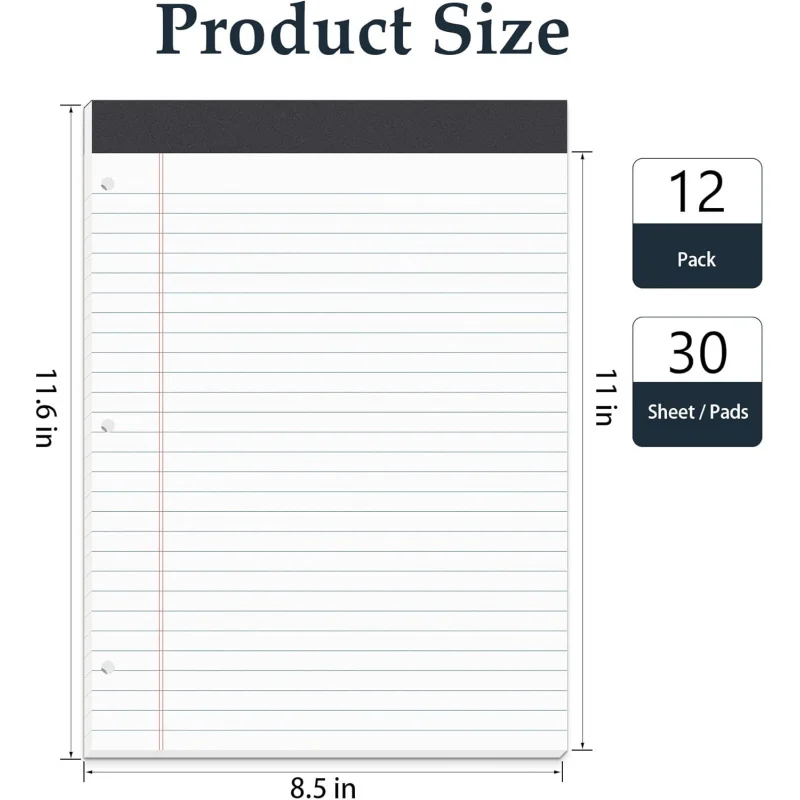 12 8.5 x 11 Legal Pads White Wide Ruled Notepads Perforated Writing Pads, 30 Sheets Per Notepad, 3-Hole Punched Paper, Writ