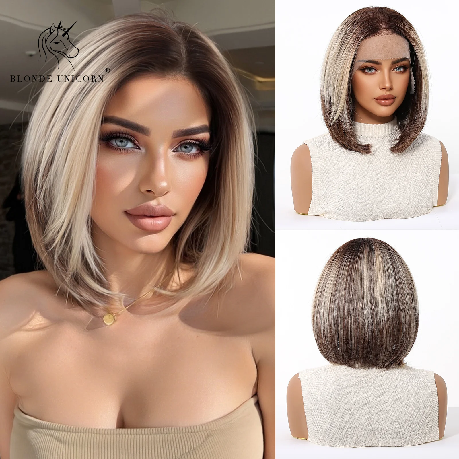 

Blonde Unicorn Glueles Lace Wig Synthetic Bob Wigs Dark Ombre Blonde Short Women Straight Daily Party Natrural Cosplay Hallween