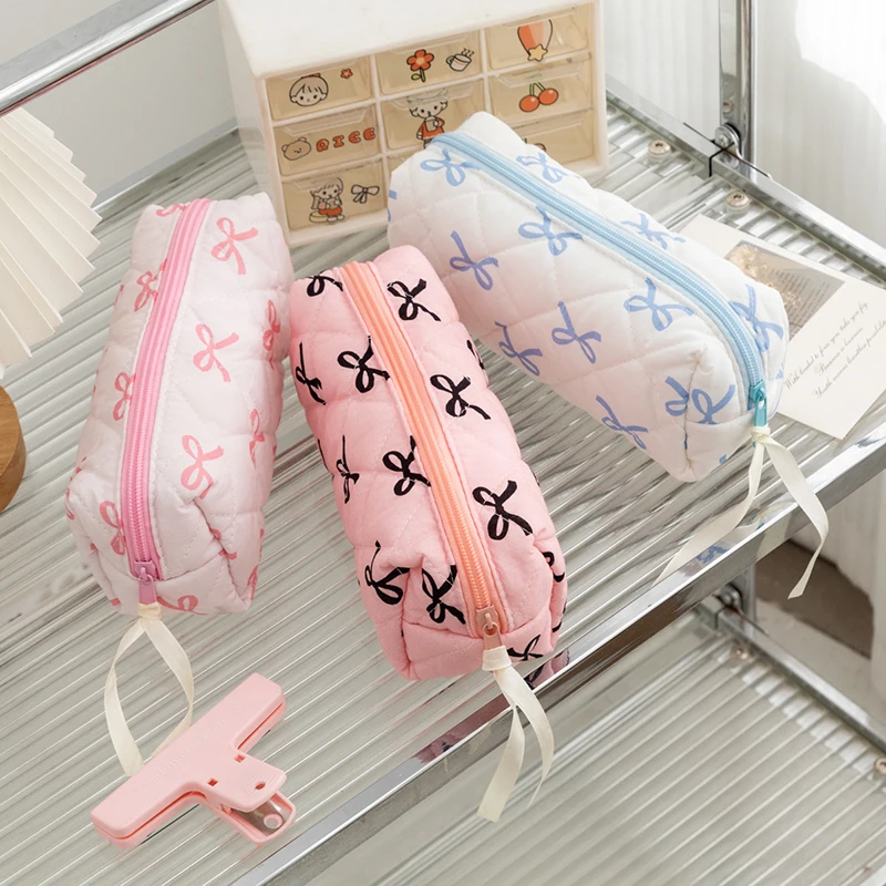 Ins Korean version high-value bow pencil case student large capacity stationery bag girl desktop DIY material storage bag