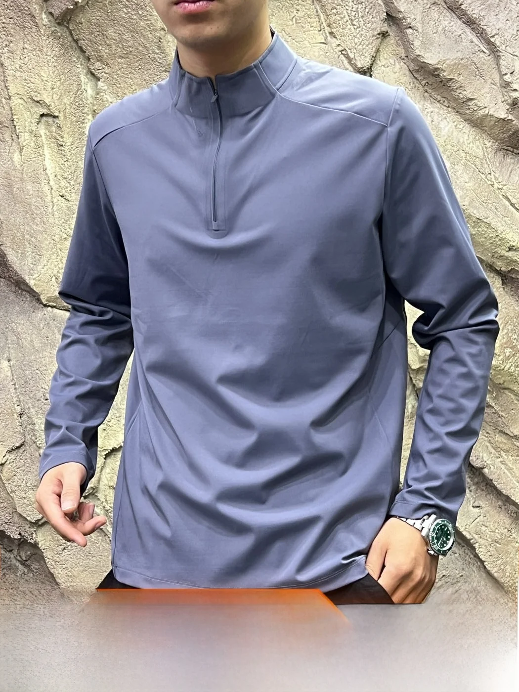 Seamless Zipper Processed Fleece Base Shirt Men's Autumn Winter Half Zip Casual Style Standard Fit Long Sleeve T-Shirt