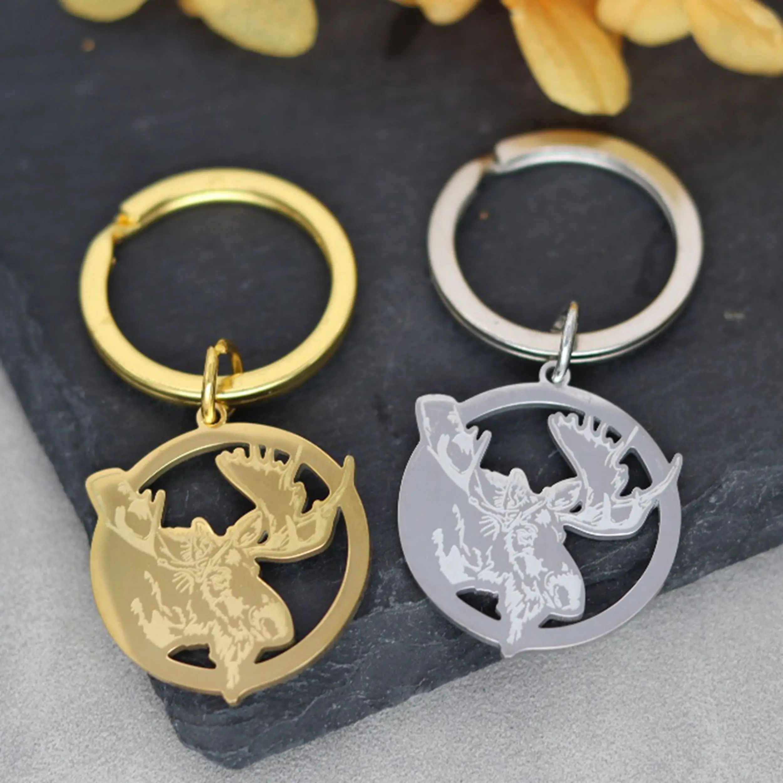 Trendy Wild Animal Moose Head Stainless Steel Charms Keychain Accessories Punk Jewelry Keyring for Women Men Deco diy Supplies