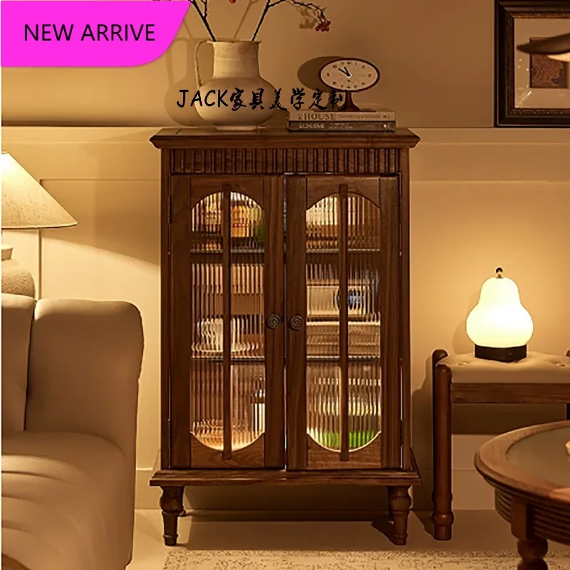 P3  Walnut solid wood dining side cabinet Begonia glass locker French light luxury decorative cabinet