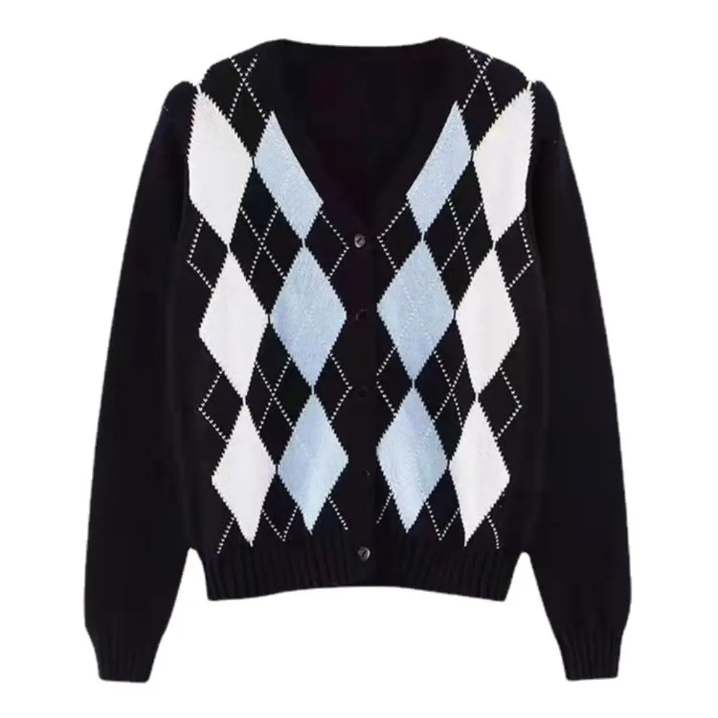 Go Girl Go Damen-Strickjacke im amerikanischen Retro-Stil mit V-Ausschnitt, langärmelig, gestrickte Oberbekleidung, kurze Top-Jacke für den Herbst im rhomboid-Stil