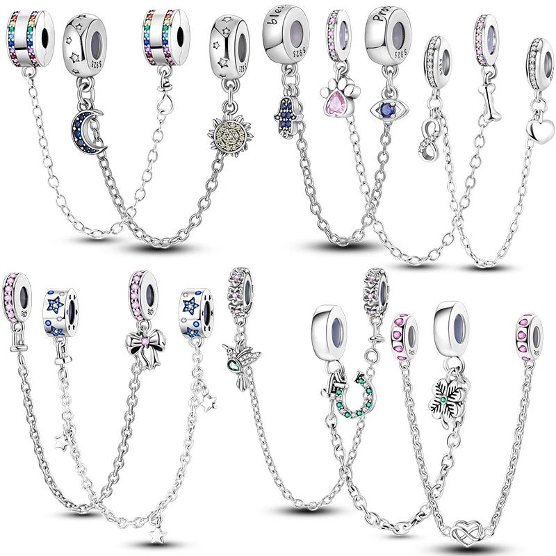 Original 925 Sterling Silver Safety Chain Star Moon Sun Heart Bowknot Silicone Clip Charm Fit Original Bracelet DIY Jewelry Gift