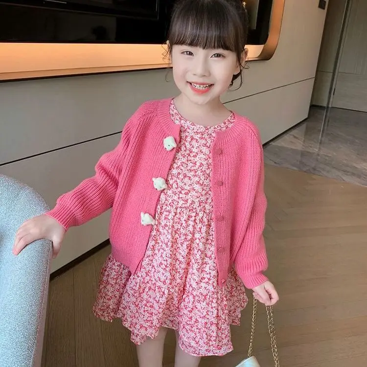 

Girls' 2022 Autumn Clothes Two-Piece Set Floral Dress Suit Spring and Autumn New Girls' Knitted Cardigan Children's Skirt