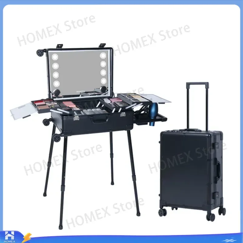 Retro Makeup Train Case with Mirror and LED Lights Professional Cosmetic Organizer Box for Artists Bridal Travel Storage