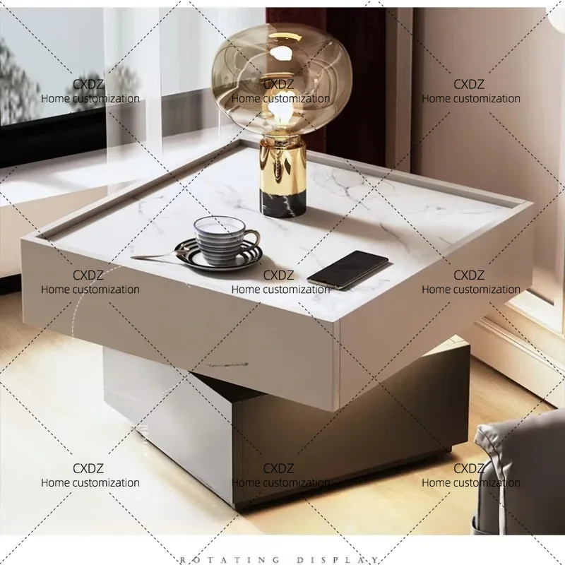 XX Solid Wood Rock Board Minimalist Edge Table  Rotating Small With Intelligent Sensor Light Square Coffee Table Furnitur