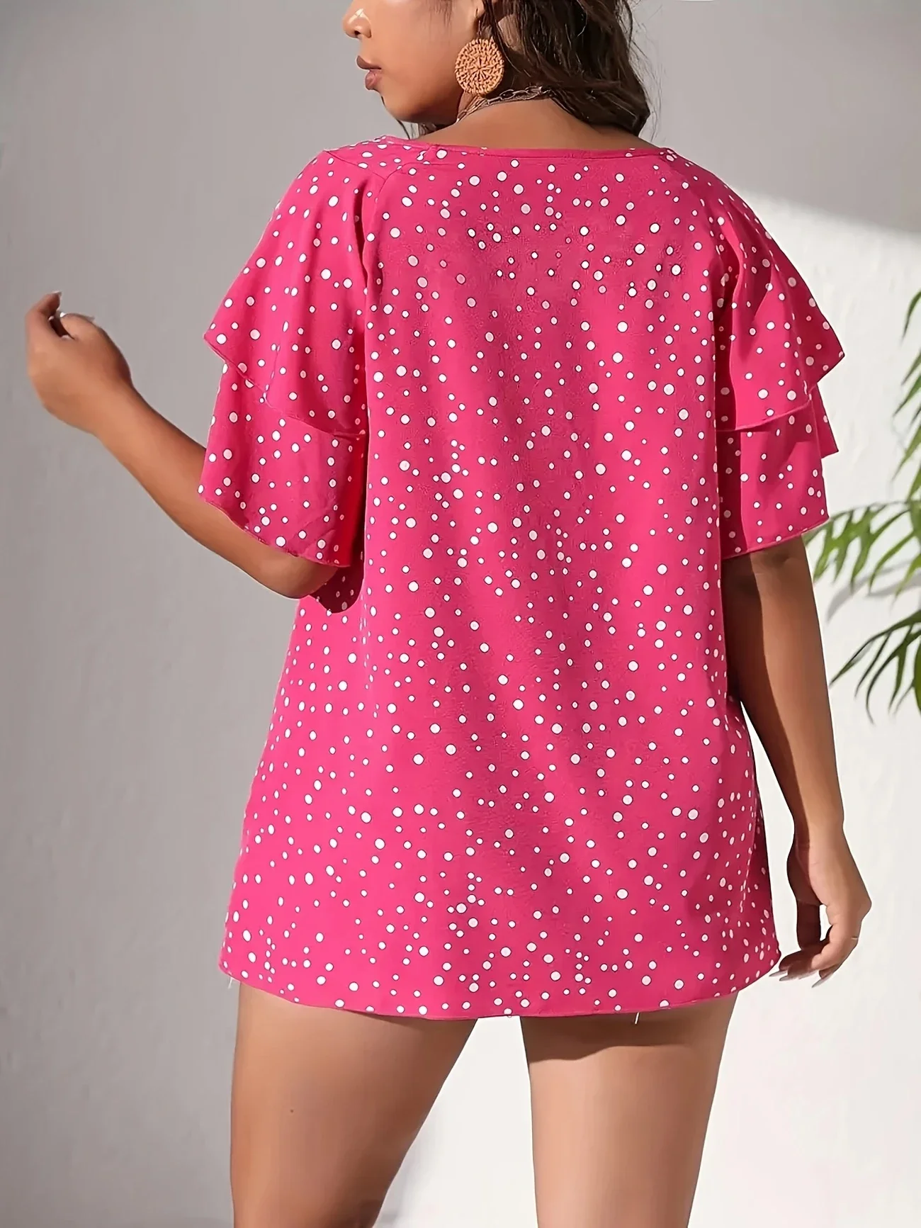 Plus Size 1XL-5XL Women's  Elegant V-Neck Blouse  Vibrant Pink & White Polka Dot Print Ladies Casual Short Sleeve T-shirt Tops