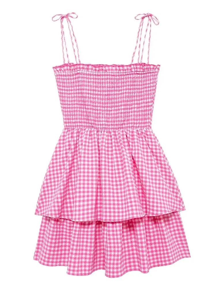 KAOPU ZA Women with bows gingham mini slip dress vintage ruffled straight neck thin straps female dresses vestidos mujer