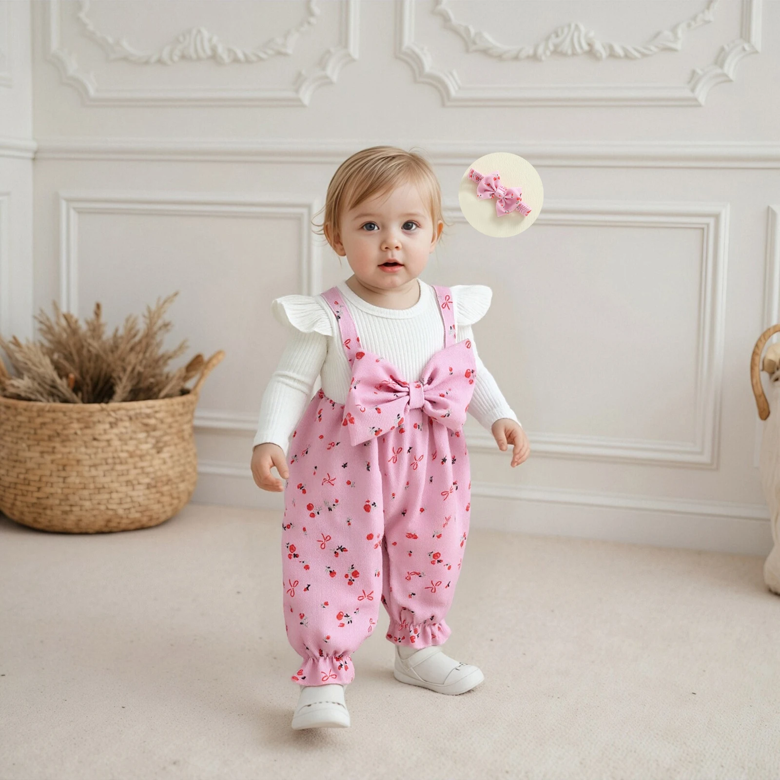 Tenue d'automne pour bébé fille, combinaison à manches longues avec imprimé nœud floral et bandeau, vêtements pour bébé