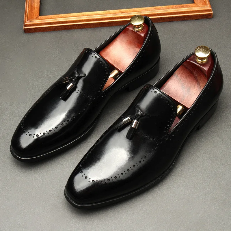 HNXC Fashion Mens Tassel Loafer Shoes Genuine Leather Black Brown Slip On Pointed Casual Wedding Party Dress Shoes For Men