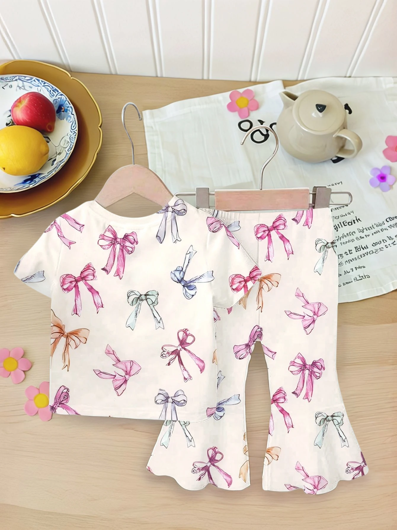 6-9M~2-3YBaby Girl Bow Print Summer Outfit, Short‑Sleeve T‑Shirt + Flare Pants 2‑Piece Casual Clothing Set