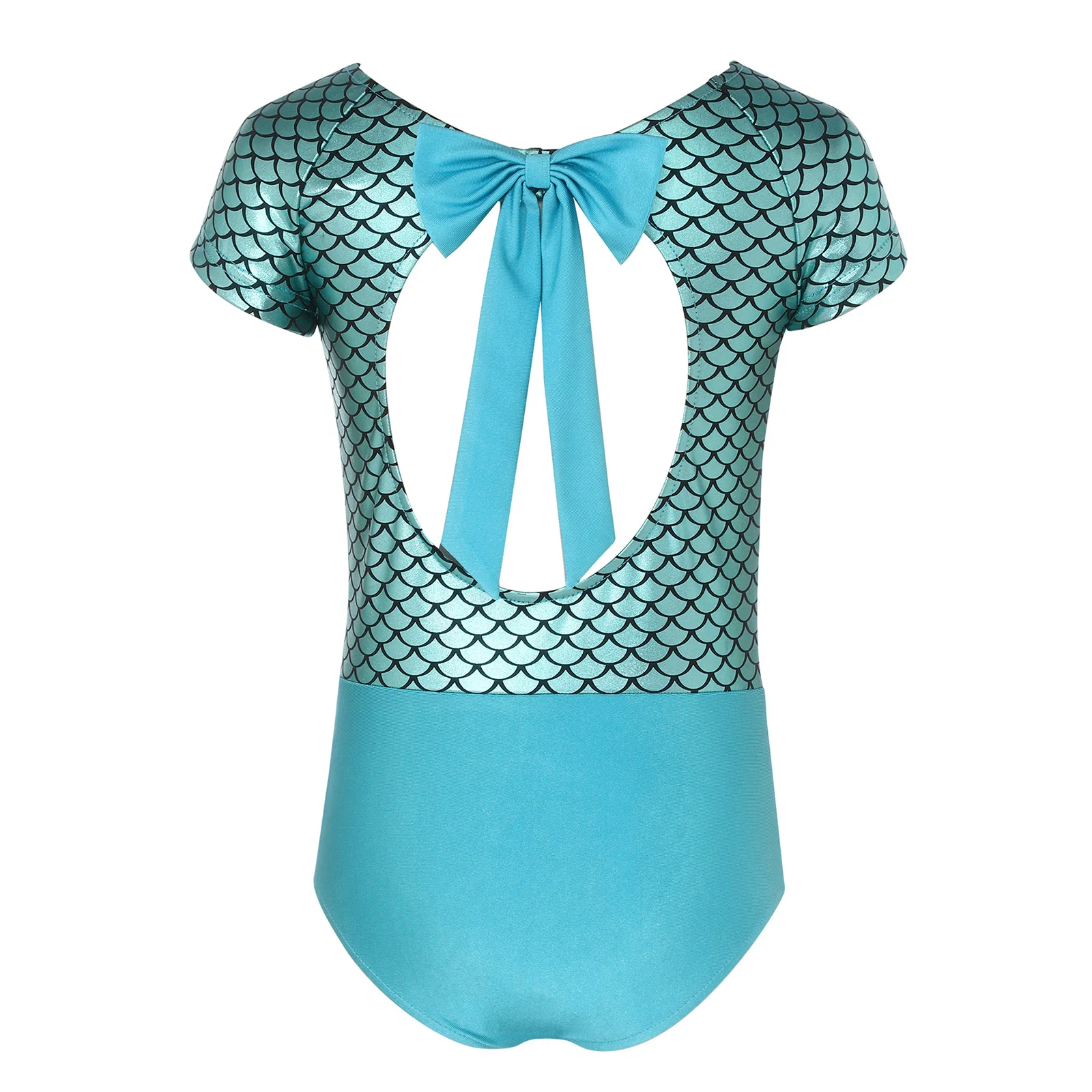 Justaucorps de Ballet imprimé écailles de poisson pour enfants filles, manches courtes, nœud papillon, dos découpé, gymnastique, danse sur scène, vêtements de danse
