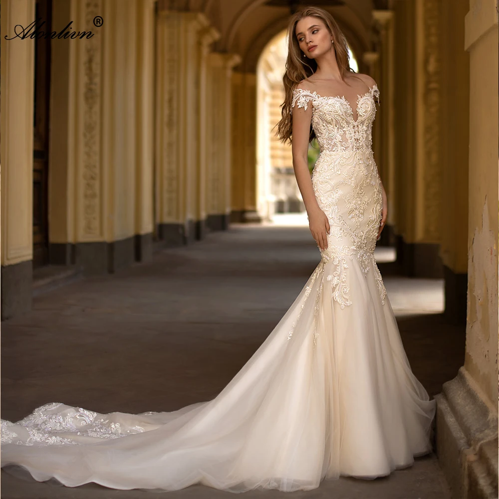 Alonlivn Elegance Illusion Neck Mermaid Wedding Dress With Button Beading Embroidery Lace Beauty Trumpet Bridal Gowns